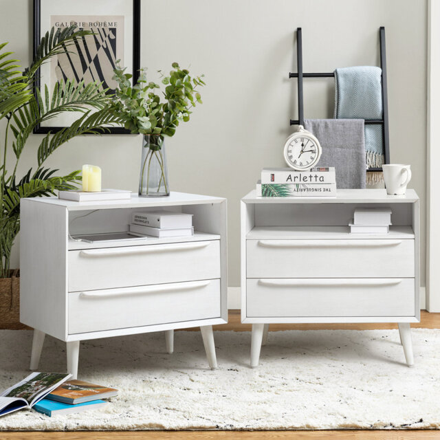 Aviannah Mid-Century Modern 2 - Drawer Nightstand With Built-In Charging Station And Legs And Open Shelf Set Of 2