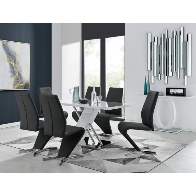 Sorro Cross Luxury High Gloss & Chrome Dining Table Set with 6 Modern Design Faux Leather Chairs
