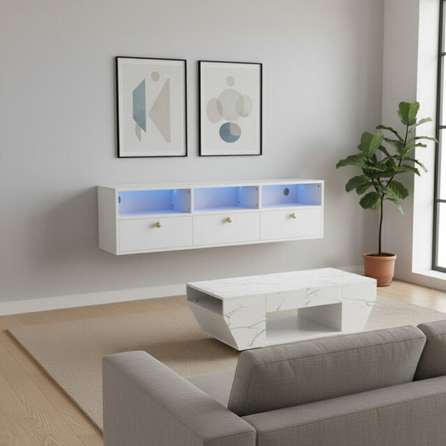 Irregular Marble Pattern Coffee Table and 130cm High Gloss Floating Wall Mounted TV Stand