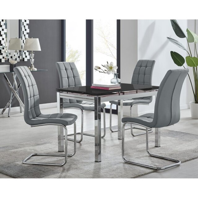 Tierra Modern Glass & Metal Extendable Dining Table Set & 4 Luxury Faux Leather Dining Chairs