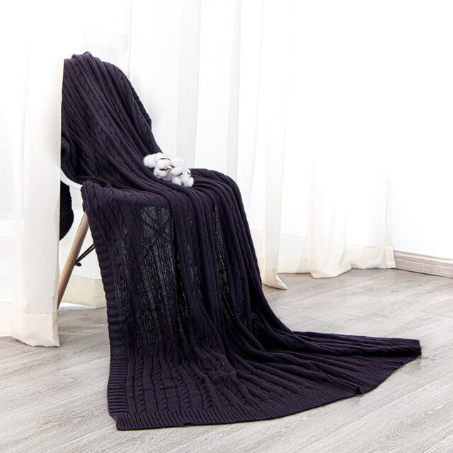 Pure Cotton Cable Knit Throw Blanket, Super Soft Warm 130x170 Knitted Throw Blanket, Purple 3 Packs
