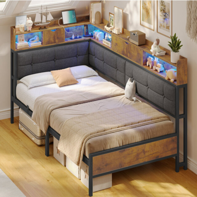 Storage Day Bed Linen Corner Bed with LED Light & Charging Station No Mattress