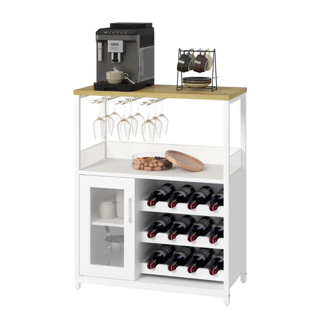 Modern 3-Tier Wine Bar Cabinet with Detachable Wine Rack – Glass Holder, Mesh Door, Ample Storage, for Dining Room, Living Room, Kitchen, White