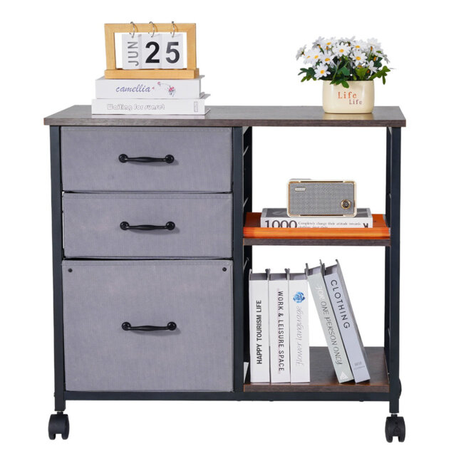 Mobile Metal File Cabinet with 3 Fabric Drawers and 2 Open Shelves Black