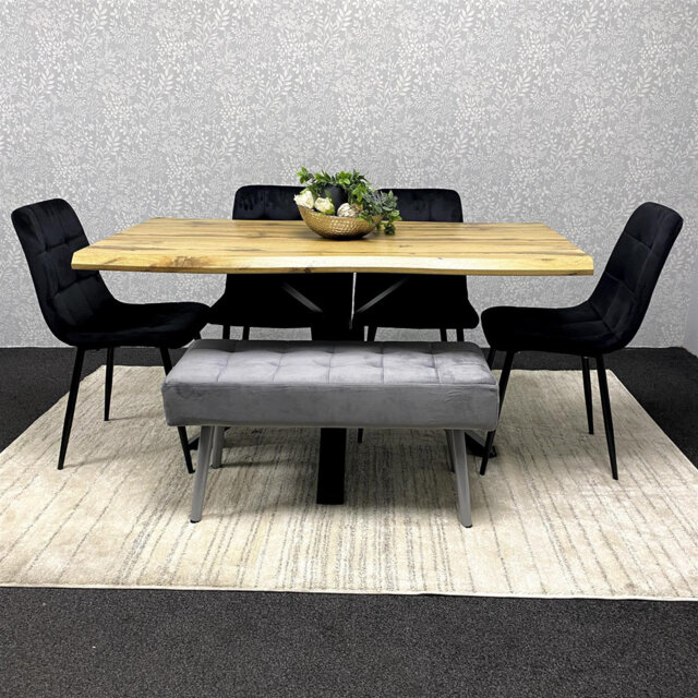 Dining Set with 4 black  Velvet Chairs and Reinforced Wooden Benches