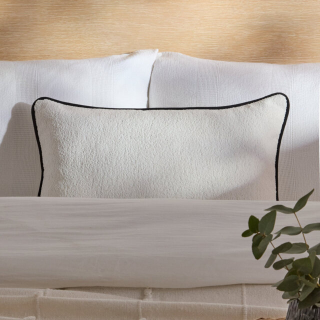35x55cm Scatter Cushion Cover - Chalk White Boucle with Jet Black Velvet Piping