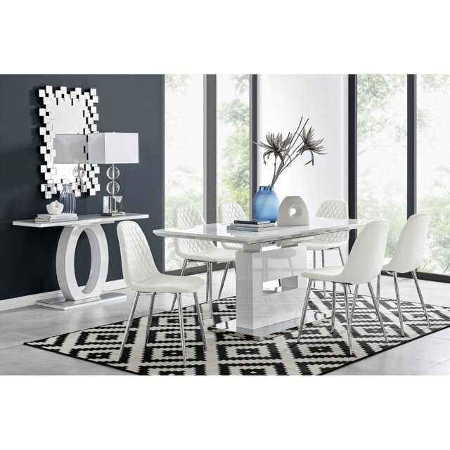 Alezzo Modern High Gloss Extendable Dining Table Set with 6 Luxury Faux Leather Dining Chairs