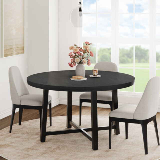 "47"" Round Dining Table for 4, Modern Industrial Kitchen Table with Thick Tabletop & Sturdy Metal Base, Space-Saving Wooden Kitchen and Dining Room Fur"