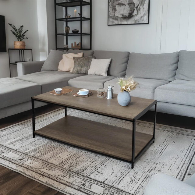 Addallee Coffee Table Rustic Wooden Grey Grain Finish Living Room Storage Shelf 2 Tier