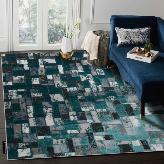 Modern de Luxe rug for the living room, bedroom, geometric - textured green / anthracite
