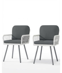 Patio Dining Chairs Set of 2, Metal Frame and Woven Rattan, Weather-Resistant Cushions, Perfect for Garden, Balcony, Deck, Porch Seating, Balcony Furn