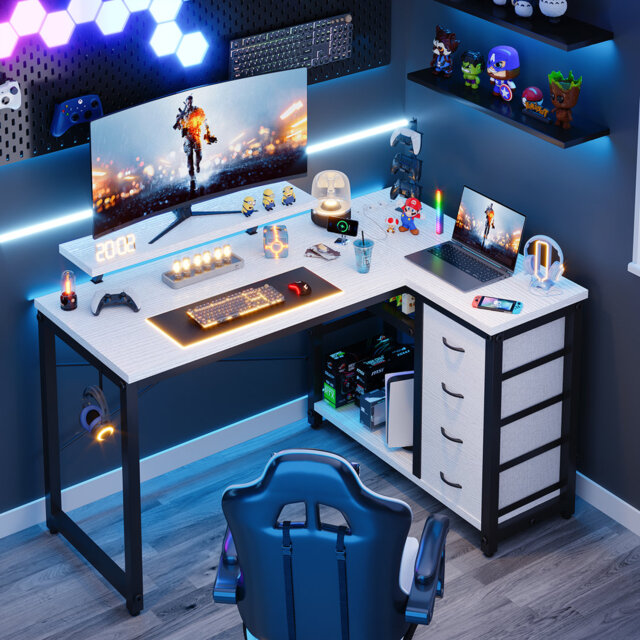L-shaped Computer Desk with Power Outlet, Gaming Desk with Monitor Stand and Drawer