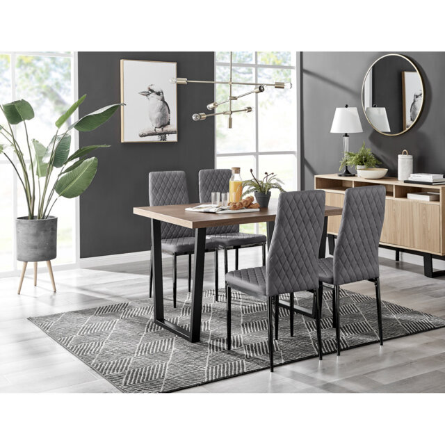 Kylooe Modern Marble and Silver Dining Table Set With 4 Quilted Velvet Dining Chairs