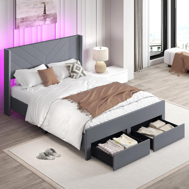 King Size Bed Frame Dutch Velvet Upholstered Platform Bed w/LED Lights