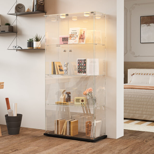 4-Tier Double Door Display Cabinet with LED Puck Lights, Tempered Glass Shelves, Modern Storage Organizer for Home and Office