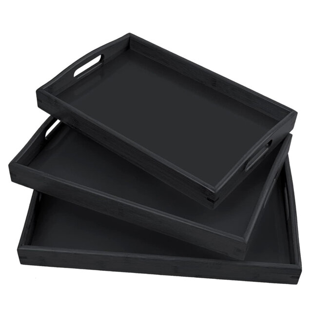 "17""x12""x3"" 3-Pack Black Bamboo Serving Trays with Handles - Rectangular Food Platters for Kitchen Couch Breakfast Tea Bar Party"