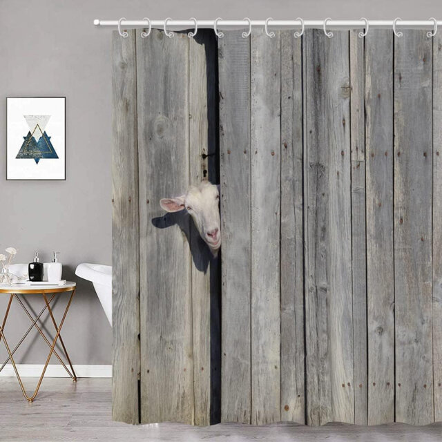 1PC Goat and Gray Rustic Wooden Board Waterproof Shower Curtain with 12 Hooks