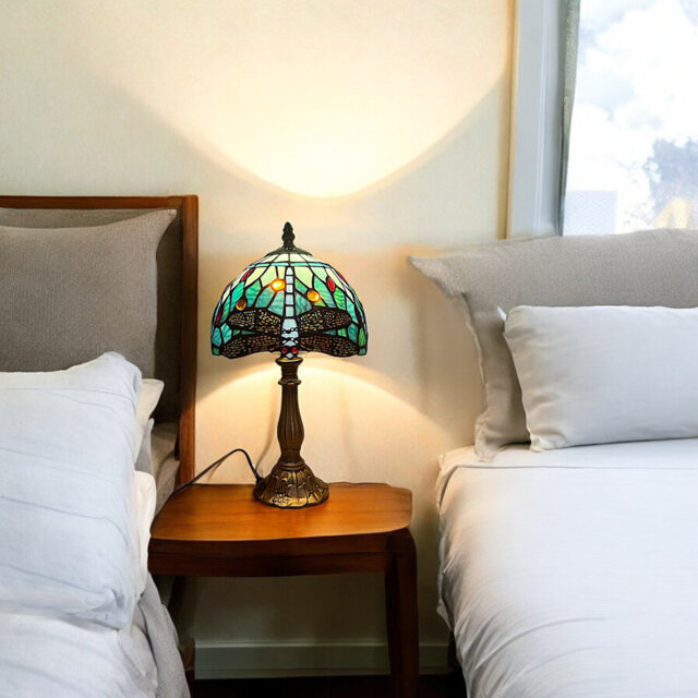 Classic Tiffany Style Table Lamp, 20cm Stained Glass Dragonfly Shade, 37cm Height, (Aqua Blue)