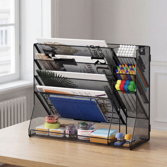 Rivosar 5 Tier Wall File Organizer with 3 Pen Slots, Desk Magazine Rack for Office Classroom Storage