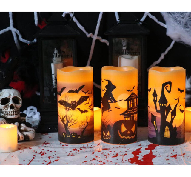 Halloween Flameless Pillar Candles With 6H Timer,Pack Of 3