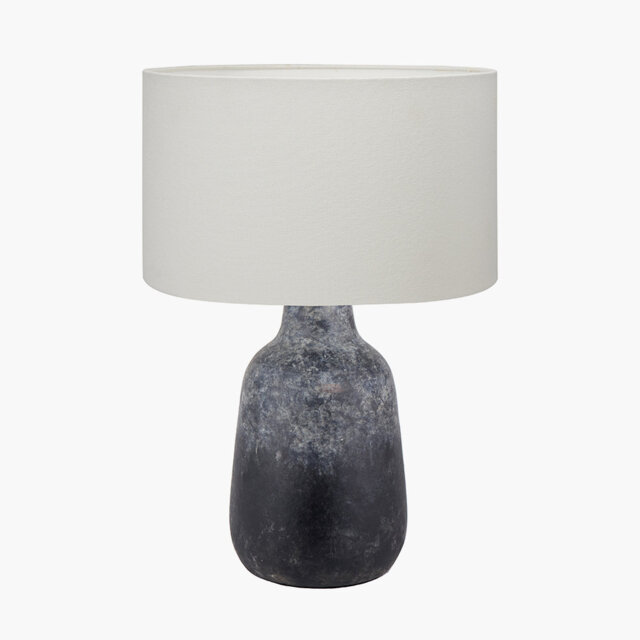 Vulcan Textured Volcanic Effect Grey Stoneware Table Lamp Base with Edward 35cm Natural Linen Cylinder Lampshade