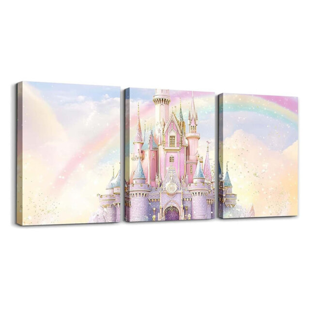 Kids Castle Picture Wall Decor Glitter Castle Canvas Wall Art For Living Room Bedroom Fariy Tale 3 PCS Wall Painting Kids Boys Girls Kawaii Room Decor