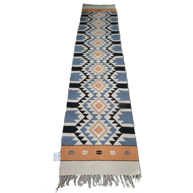 Cotton Kilim Rug Runner Orange Blue Hand Woven
