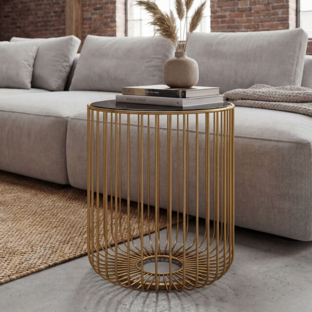 Gold Glass Top Wire Frame Side Table