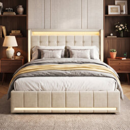 UK&EU Size Smart Linen Bed Frame with App-Controlled LED Lights, Upholstered Storage Bed with 4 Drawers & USB Charging Station, Grey & Beige
