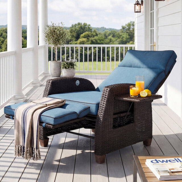 Garden Wicker Recliner Chair, Air Pump Adjustable Backrest Up to 150 Degree with Cushions