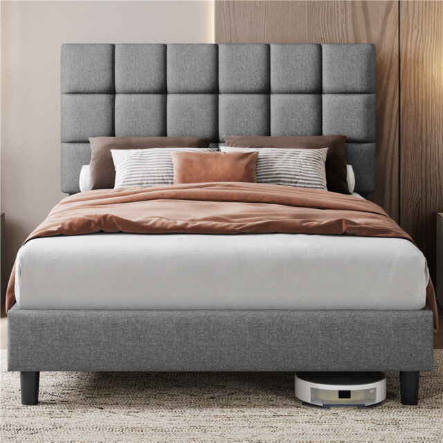 Size Modern Upholstered Bed Frame with Adjustable Square Tufted Headboard