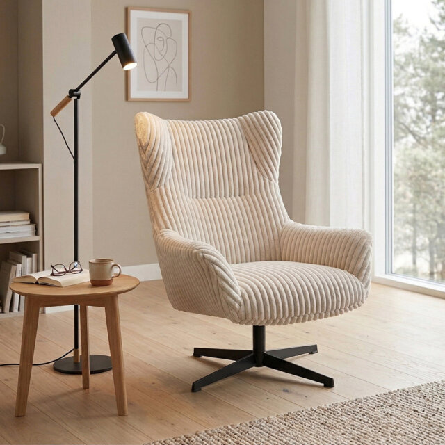 Lounge Snooze Upholstered Armchair Corduroy White, Metal Frame, Rotatable, 43cm Seating Height