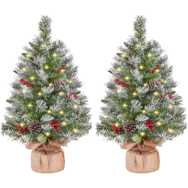 2Pcs Pre-Lit Artificial Mini Tabletop Christmas Tree, 2Ft/66Cm Frosted Battery Operated Small Xmas Trees With 35 LED Lights, 42 Red Berries & 6 Pineco