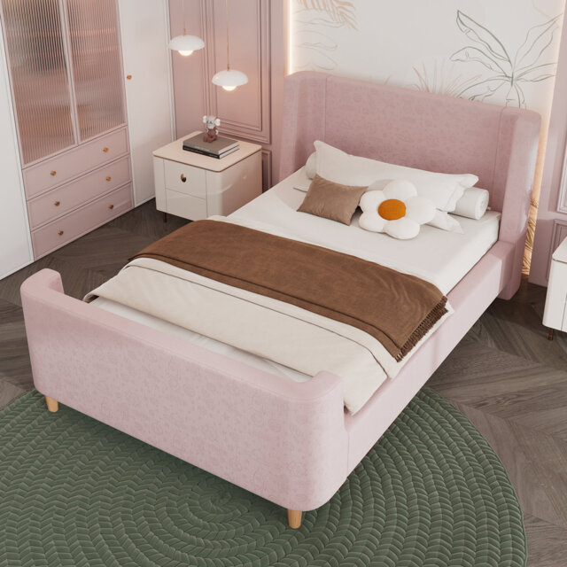 Sleigh-Style Upholstered Bed 3FT Single Metal 2 Piece Pink - Sleigh Design, Velvet Upholstery