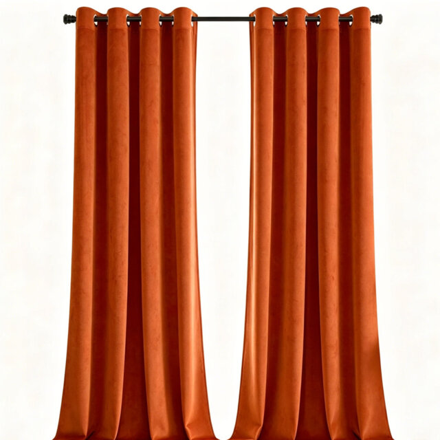 Luxurious Orange Velvet Room Darkening Thermal Eyelet Curtains 132x213 cm (2 Panels)