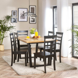 Mercee Parquet Herringbone Veneer Dining Table Set with 4 Dining Chairs - Chevron Top Traditional Farmhouse Kitchen Style
