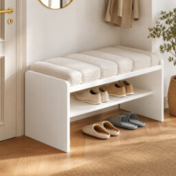 87 cm Beige White Shoe Bench for Two with Open Storage and Cushioned Seat