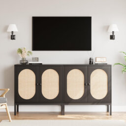 Set of 2 Wooden Sideboard Buffet Cabinets with Rattan & Fluted Glass Doors, Storage Shelves, Adjustable Feet for Dining Living Room Hallway, Black