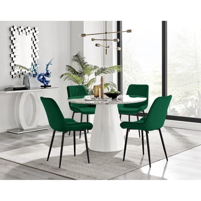 Edzard Statement Round Dining Table Set in Luxury Marble Effect & 4 Velvet Dining Chairs
