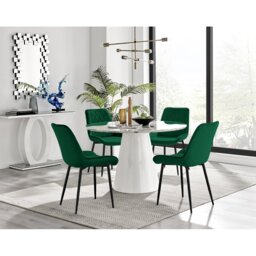 Edzard Statement Round Dining Table Set in Luxury Marble Effect & 4 Velvet Dining Chairs
