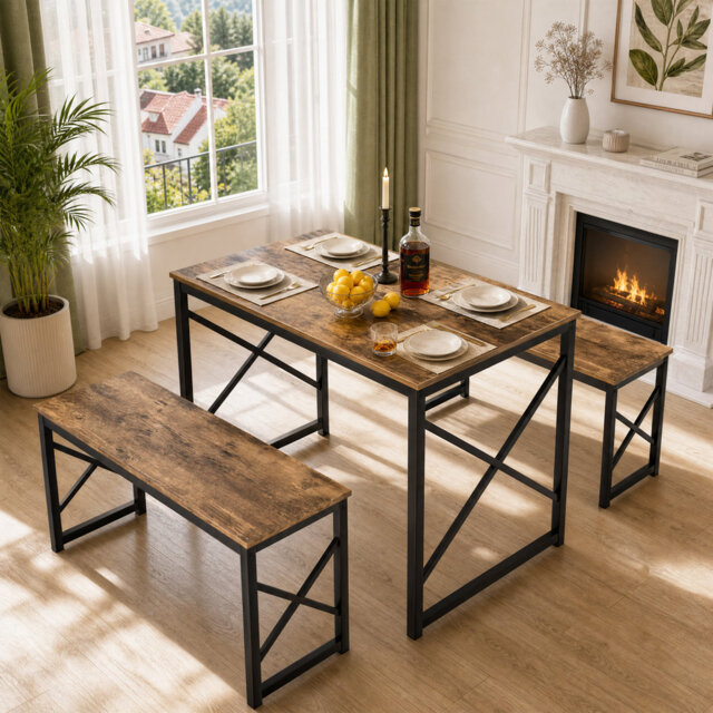 3-Pieces Dining Table Set, Rectangle Dinette With 2 Benches, Metal Frame For Dining Room, Living Room