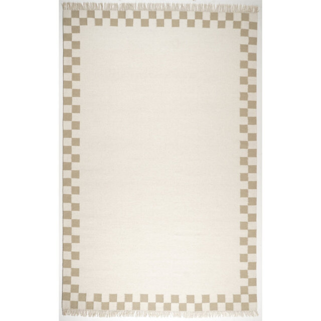 Devarious Flatweave Check Border Hand Woven Area Rug - Traditional Kilim Craftsmanship Inspired