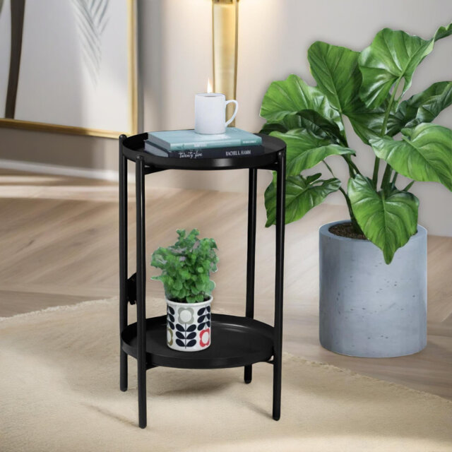 Akhil 2 Tier Black Side Table with Storage Shelves in Living Room