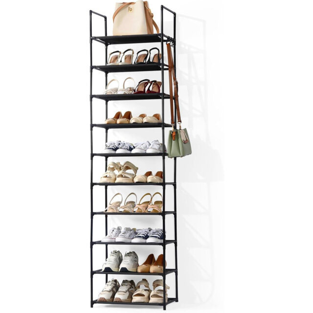10-Tier Tall Metal Shoe Rack With Hooks Premium Non-Woven Stackable Shoe Storage Organiser For Hallway & Bedroom, Holds Up To 20 Pairs
