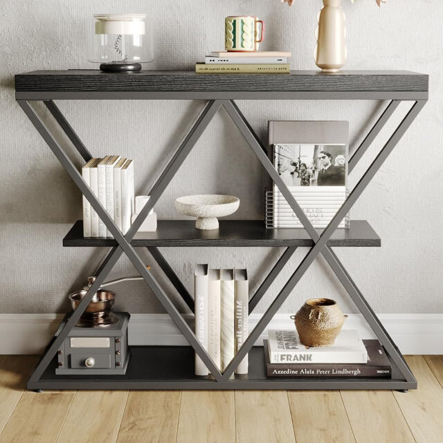 Slim 3-Tier Console Table with Open Storage Shelves – Rustic Farmhouse Entryway Sofa Table – X-Shaped Metal Legs – Space-Saving Living Room or Hallway