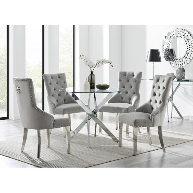 Tierra Modern Chrome Metal & Glass Round Dining Table Set with 4 Luxury Button Velvet Chairs