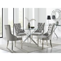 Tierra Modern Chrome Metal & Glass Round Dining Table Set with 4 Luxury Button Velvet Chairs