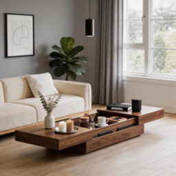 "Extendable Storage Coffee Table - Sliding Extension 120-208cm (47-82""), Walnut MDF Top & Metal Frame, Modern Minimalist Style"