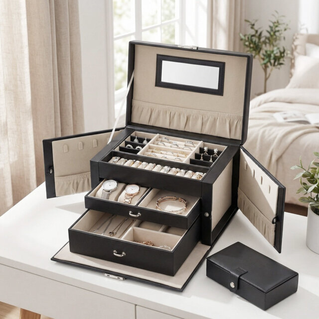 Jewellery Box 3 Layers, Jewellery Organiser With 2 Drawers, Jewellery Case With Portable Travel Case, With Handle, Lockable, Jewellery Storage, Gift F