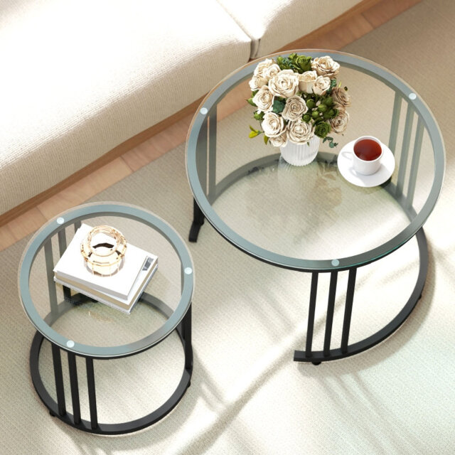 Round Coffee Tables, Nesting Tables with Top 60*60*47 cm Tempered Glass 2 Pieces Nesting Coffee Table Black Nesting Design